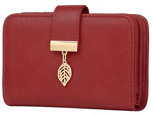 Faneam Portefeuille Femme Blocage RFID Portefeuilles en Cuir Petit Porte Monnaie avec Bracelet, Fermeture Eclair, 14 Emplacements de Cartes, Porte Carte Femme Cuir (Rétro Rouge)