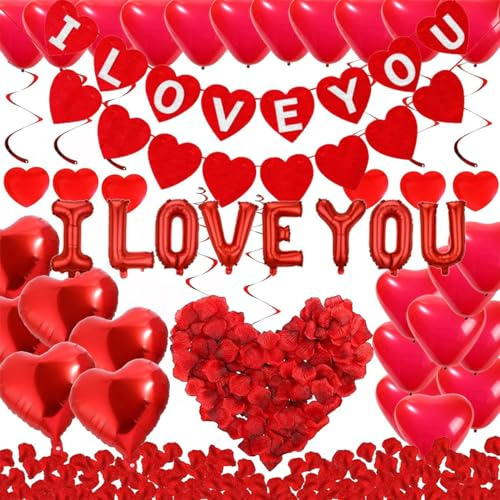 ZOOMPIL Valentinstag Dekoration Set, Valentinstag Luftballons Dekoration, 1000 Rosenblätter, 26 Luftballons in Herzform, für Romantische Atmosphäre, Heiratsantrag