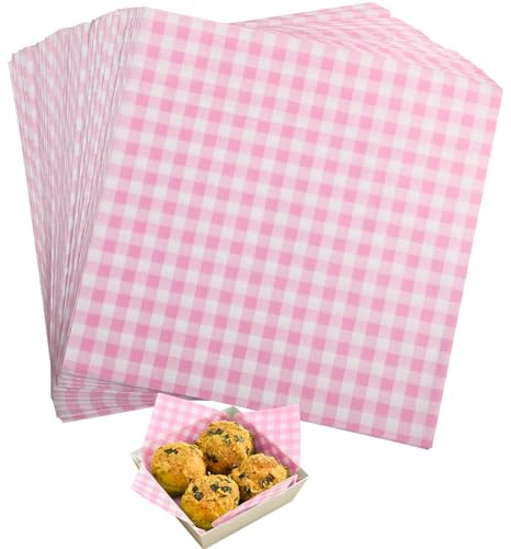 GeeRic Mother's Day Waxed Deli Paper Sheets 7 * 7 Inch for Food Wrapping, 100 Pcs Food Basket Liners for Sandwiches Burgers 2026 Treats Wrap Wax Papers Gingham Pink
