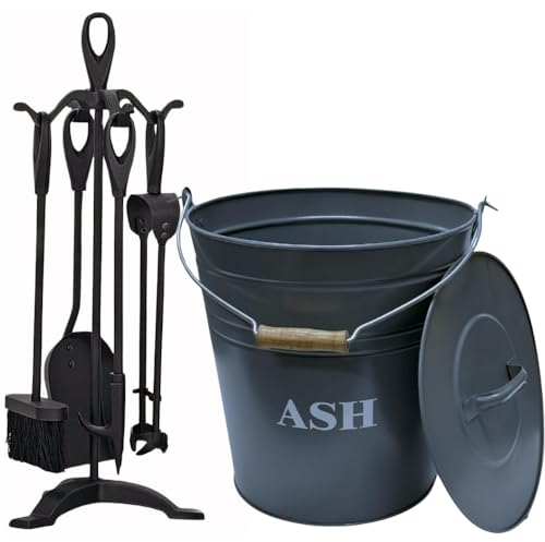 Trendi Fireside Ash Carrier Metal Hot Tidy Box Container/15L Ash Bucket with Lid| Fireplace Pan Bucket Bin| with 5 Piece Cast Iron Loop Design Companion Set (Companion Set + 15L Ash Bucket)