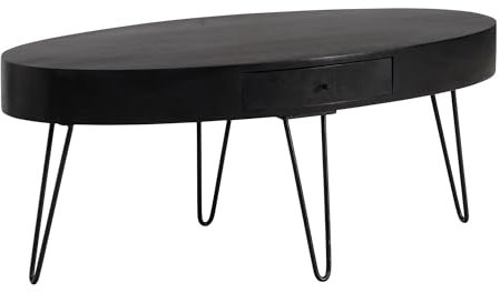 FineBuy Couchtisch 100cm oval Mango Massivholz schwarz · Wohnzimmertisch mit Schublade und Hairpin Beinen · Moderner Massivholztisch im Industrial Design mit Metallgestell Schwarz