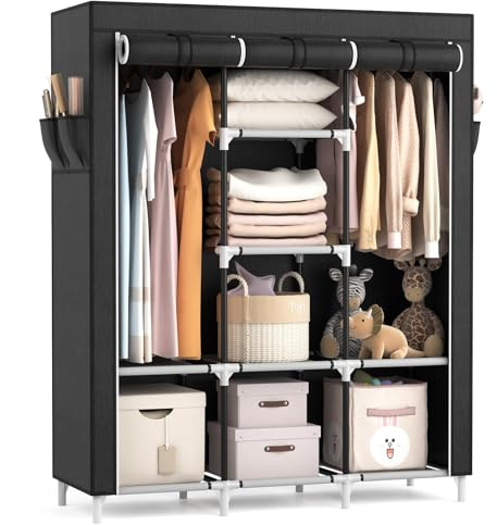Vicye Armadio, armadio grande in tessuto, con 2 aste appendiabiti e 8 ripiani, pieghevole con rivestimento, armadio portatile per spogliatoio, camera da letto (nero, 124 x 42 x 162 cm)