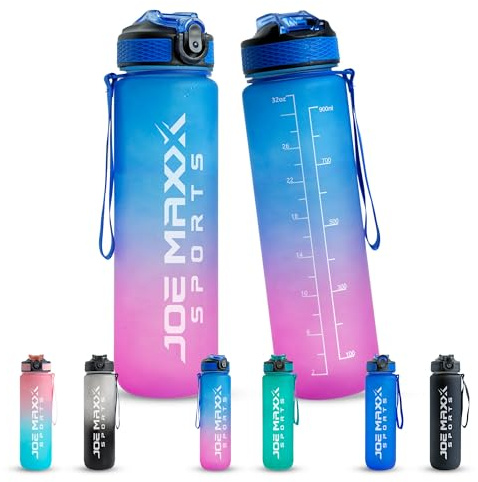 Joe Maxx Sports Athletica Gourde de sport, 1000 ml, sans BPA, anti-fuite, avec graduation et marqueur de temps, avec bouchon à une main, idéale pour le fitness, l'extérieur, le bureau, bleu-rose