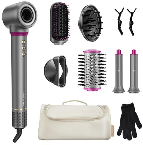 okaydeer 7-in-1 Hairstyler, Airstyler, Lockenstab Auto-Wrap, Ionen Föhn, Keine Hitzeschäden, Schnelltrocknendes & Flusenfrei Styling, Professioneller Rundbürstenföhn, Glätteisen mit Reisetasche