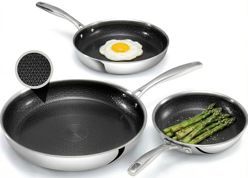 Gotham Steel Hybrid 3pc Frying Pan Set, Stainless Steel Ceramic Nonstick Skillet, 8 10 12 inch, Metal Utensil Safe, Induction Ready, PFAS/PFOA Free Non Toxic, 500°F Oven & Dishwasher Safe - Black