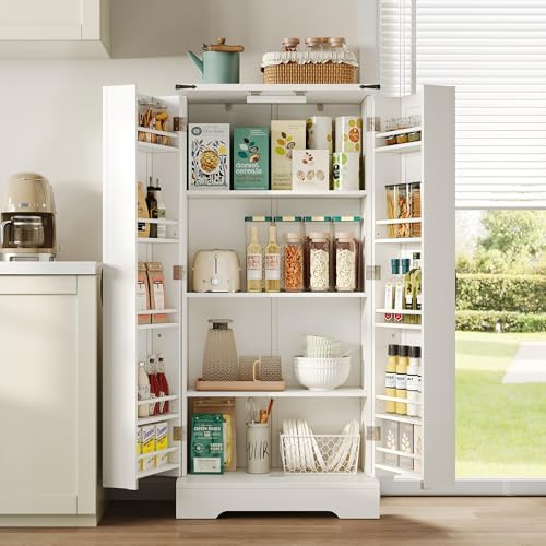 Armario de cocina de 128,5 cm, armario de almacenamiento para granja – Armario de comedor LED con 2 puertas batientes y estantes ajustables para espacios pequeños en el comedor o sala de estar