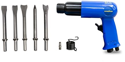 Goodyear - Martillo Neumático Percutor, Complemento para Compresor, 141 l/min, Carrera 66 mm, soplado 350 bpm, 5 cinceles (plano, punzón cónico, cortador de soldadura, recortador de chapa, cortado)
