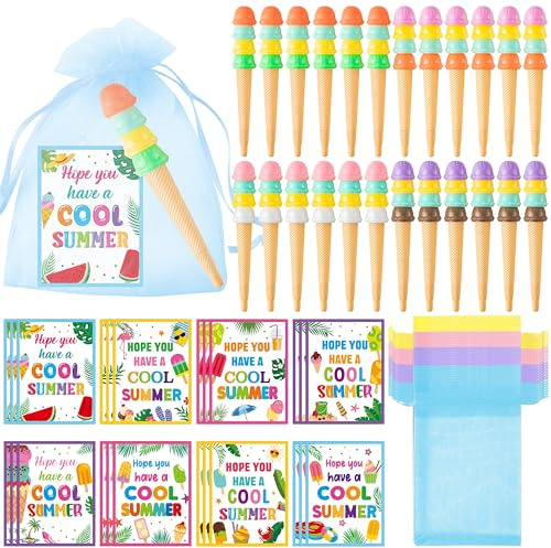 Haooryx End of Year Gift for Kids - 24 Pack End of School Year Student Gifts Ice Cream Ballpoint Pen with Greeting Card Favor Bag for School Graduation Student Reward Teacher Supply Summer Party Favor
