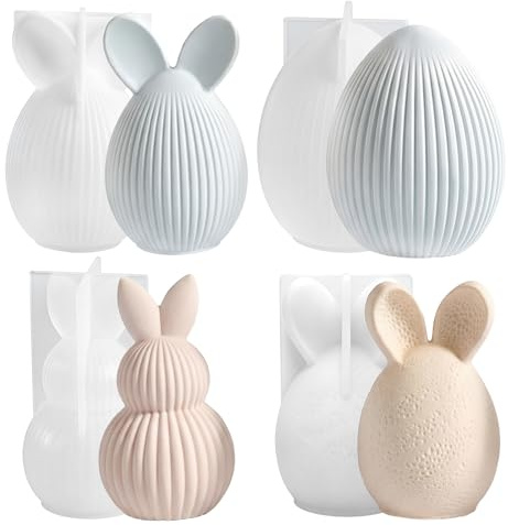 dellyy Stampi Silicone Pasqua, Set da 4 Stampi Coniglio & Uovo di Pasqua per Candele, Stampo Primavera, Stampi in Silicone per Pasqua per Candele, Sapone, Gesso e Resina