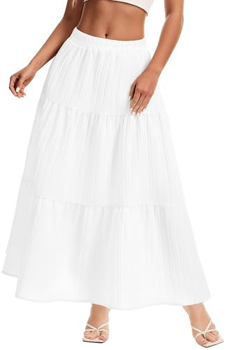 MFAVIP Womens Maxi Skirt Boho Long Flowy Skirts Trendy Summer 2026 Tiered Ruffle Skirt A Line Casual Beach Vacation Dress White