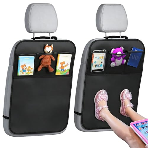 BIZOI 2 Pack Car Seat Back Protectors, Adjustable Car Seat Kick Mats with 3 Organiser Pockets for Kids, Universal Waterproof Backseat Protectors Cover,Cars Back of Seats Kick Mats to Prevent Scratches