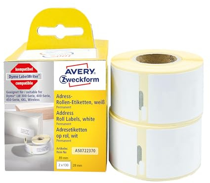 Avery España AS0722370. Rollo de 260 etiquetas blancas para dirección, 28x89 mm