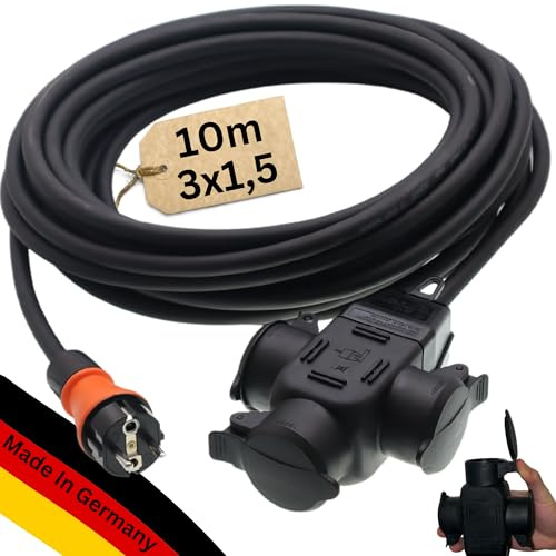 maxgo Verlängerungskabel 10m Außen 3Fach Verteiler Stromkabel Außenbereich Schuko Verlängerung 10 Meter Outdoor Kabel Steckdosenleiste 3-Fach Mehrfachstecker Multisteckdose H07RN-F 3x1,5