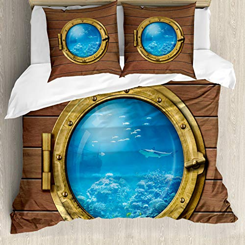 ABAKUHAUS Shark Fitted Sheet, Submarine Chamber Window, Decorative 3 Piece Bedding Set with 2 Pillow Shams, 200 cm x 200 cm - 80 x 80 cm, Pale Caramel Blue Yellow