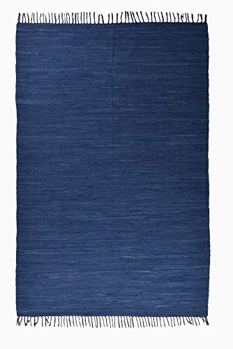 Theko Dhurry | Fleckerl | Flachgewebe-Teppich aus 100% Baumwolle; handgewebt, waschbar, beidseitig verwendbar | 90 x 160 cm; Blau | Happy Cotton