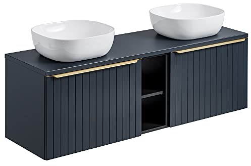 Lomadox Badezimmer Doppelwaschtisch Set mit 140cm Unterschrank Indigo blau, 2 Waschbecken, 2 Softclose-Asuzüge, B/H/T 140,4/63,5/46 cm