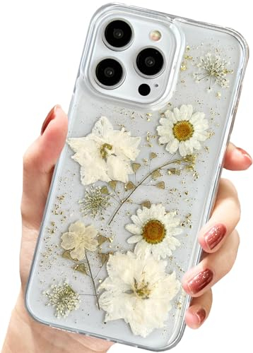 AMART für iPhone 15 Pro Max Hülle Blumen, Durchsichtig Handyhülle mit Echte Getrocknete Blumen Hülle,Klare mit Glitzer Motiv Weich Silikon Schutzhülle für iPhone 15 Pro Max(Gold Blume)