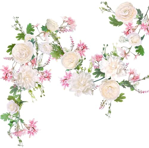 Funvalley Surperfect Artificial Flowers Garland, 6Ft Peony Rose Silk Floral Vine Garland, Mixed Fake Flowers and Leaves,Fake Hanging Plants for Outdoor Indoor Home Wedding Arch Party Decoration