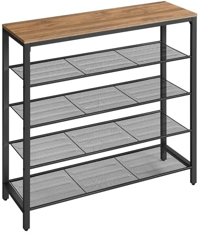 VASAGLE Schuhregal, Schuhablage mit 4 Gitterebenen und großzügiger Oberfläche für Taschen, für den Eingangsbereich, Flur, Metall, Industrie-Design, honigbraun-tintenschwarz LBS015K01
