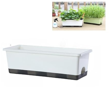 FIYSON Selbstbewässernder Pflanztopf, 50cm Rechteckiger unststoff-Kräutertopf, Fensterbank Blumenkasten mit wasserspeicher, Gartenblumen Bonsai – mit Wasserstandsfenster und Ablaufloch (Weiß,L)