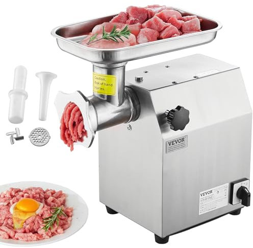 VEVOR Picadora de Carne Eléctrica Industrial de Encimera, Capacidad de 2,5 kg/min, con Cuchilla, Placa Molienda, para Hacer Salchichas, Acero Inoxidable, para Cocina y Restaurante, 375 x 240 x 420 mm