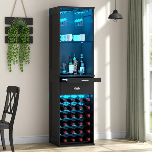 Loomie Wine Bar Cabinet w/LED Lights, 65'' Tall Coffee Bar w/24 Wine Rack