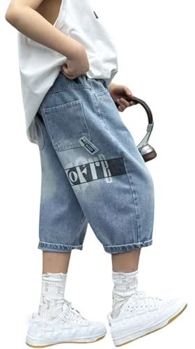 2025 - Short baggy en jean pour homme - Style hip-hop - Coupe ample - 3/4 - Avec poches cargo - Vêtements pour enfants et garçons, bleu, 11-12 ans