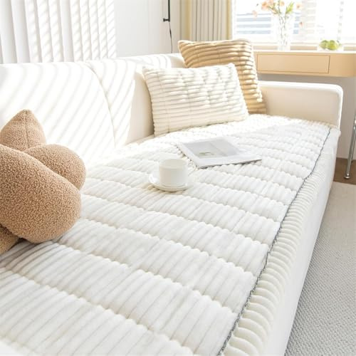 FASCINATDECO Thick Sofa Covers Washable - Soft Corduroy Sofa Cover 2 3 4 Seater, Non-Slip Couch Cover, Sofa Cushion Covers Sofa Slipcovers Furniture Protector for Living Room (White, 90x210cm)