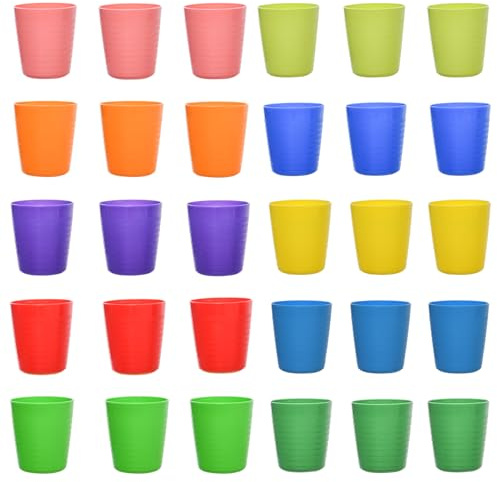 Hikrxya 30pcs Reusable Plastic Cups - 250 ml Plastic Drinking Cups -Bright Multi Coloured Plastic Tumblers Set for Children Kids, Outdoor, Parties, Picnics, Camping, BBQ’s, Travel, Kitchen