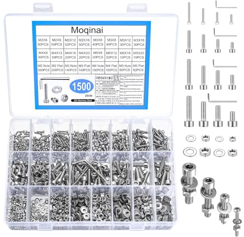 Lot de 1500 vis M2 M3 M4 M5 en acier inoxydable 304 à tête cylindrique à six pans creux, vis, écrous, rondelles, assortiment de vis filetées avec clé Allen