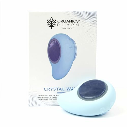 CRYSTAL WAVE di ORGANICS PHARM, Spazzola Pulizia Viso Ricaricabile a 3 Velocità in Silicone Impermeabile | Applicatore a Caldo con Pietra di Quarzo Naturale | Biostimolazione LED (Azzurro pastello)