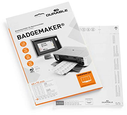 Durable Badgemaker Etikettark, Namnskyltar 40 x 75 mm, 240 styck, vit, | A4-ark med mikroperforerade insticksetiketter, för laser och inkjetskrivare, designa med Duraprint, Made in Germany