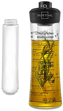 SILBERTHAL Ölflasche mit Ausgießer aus Glas - Mit Sieb zum Öl selber Machen mit Rezeptideen - Öl- und Essigspender aus Glas - 500 ml