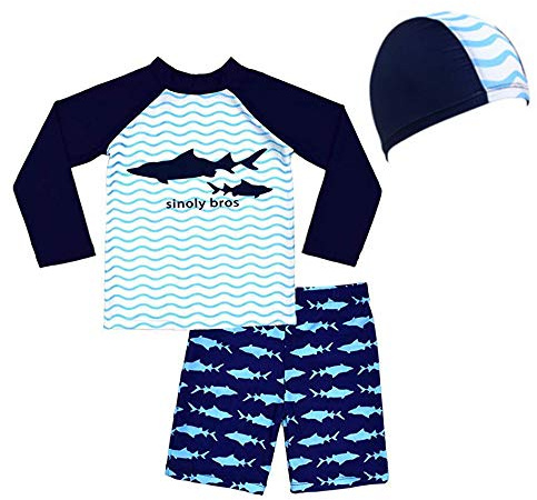 Garçons Maillots de Bain 2 Pièces T-Shirt Manches Longues + Short de Bain avec Bonnet Costume de Natation Anti-UV 2-10 Ans (9-10 Ans, Bleu-A)