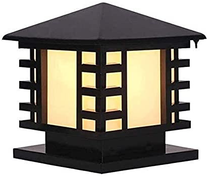 DLGGO Chinese Outdoor Column Lamp Stainless Steel IP65 Waterproof Black Finish Post Lamp Fixture Garden Patio Pillar Lamp Square Frosted Glass Lantern Exterior Pedestal Lamp