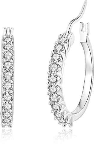 Sfoni Silver Hoop Earrings for Women, Hypoallergenic Sterling Silver Hoop Earrings Dainty Small Huggie Hoops for Girls Jewellery Gifts For Christmas Birthday, 20mm / White Stones