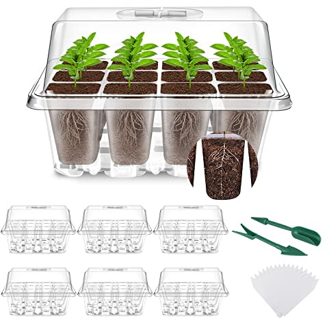 YAUNGEL Bandejas Semilleros, 6Pcs 72 Agujeros Mini Invernadero Germinador de Semillas, Bandeja de Cultivo con Tapa Ventilación y Ventana Ajustable, Transparente
