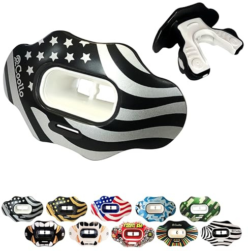 COOLLO SPORTS Lip Guard Mouthguard MAXX/Might Football and High Impact Sports Lip Protector for Adults & Youth (Strap Included) (American Flag -Silver -(Two Layers), Without Case (Adult 8+))