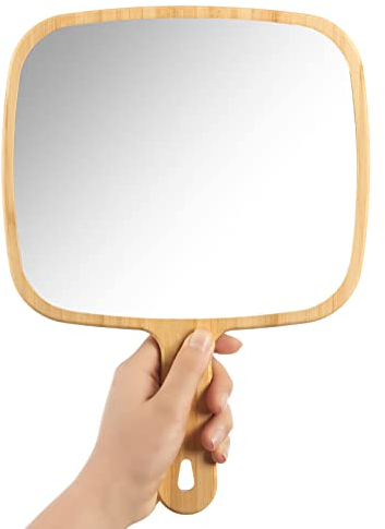 YEAKE Handspiegel, extra groß, natürlicher Bambus-Handspiegel mit Griff, einseitiger, tragbarer Reise-Kosmetikspiegel für Männer und Frauen, 22,6 cm B x 31,5 cm L