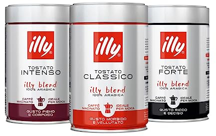 illy Caffè Macinato per moka Tostato CLASSICO, INTENSO, FORTE, 3 Barattoli da 250 grammi