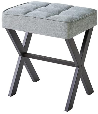 IBUYKE Quadratischer Make-up Hocker mit X-Bein Fußstütze, Leinen Fußstütze Hocker, Ottoman Sitz Eitelkeitshocker, Multi-Use als Kleiner Beistelltisch, für Schlafzimmer, Wohnzimmer, Graublau L/G-70L