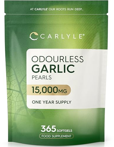 Odourless Garlic Capsules 15,000mg | 365 Count (1 Year Supply) | High Strength Garlic Oil Pearls with Allicin | by Carlyle