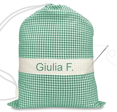 Tex family Sacco Asilo Ricamato e Personalizzato Misura Grande Maxi cm. 45x60 a Quadretti - Verde