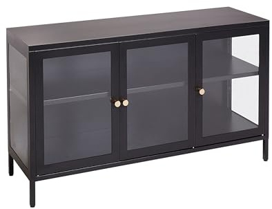 Beliani Aparador de Metal Negro Ajustable con 3 Puertas y Vitrina Estilo Moderno Newport