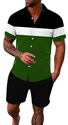Herren-Freizeitanzüge 2024 Mode-Kleidungs-Set für Frühjahr/Sommer, Freizeit, Sport, Hawaii, Strand, Nähte, Streifendruck, kurzärmelig, Hemd, Hose, 2er-Set, Ganzkörperanzug für Herren, grün, L