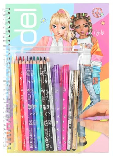 Depesche 12943 TOPModel Set of Books 76 Pages for Drawing Patterns, Including Colouring Template, Sticker Sheet, Pens and Much More, Multicoloured