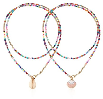 ZGDEIWGF 2 pièces collier de perles colorées, collier de coquillages de perles, collier de style bohème, tour de cou de perles de riz colorées, accessoires de bijoux pour femmes