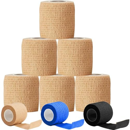 HTRTRR 6 Rolls Elastic Bandage Wrap 4.5M x 5CM – Skin Colour Self-Adhesive Cohesive Tape for First Aid, Knee, Ankle, Gym, Hiking, Everyday Injuries – Breathable, Latex-Free,Tearable - Beige
