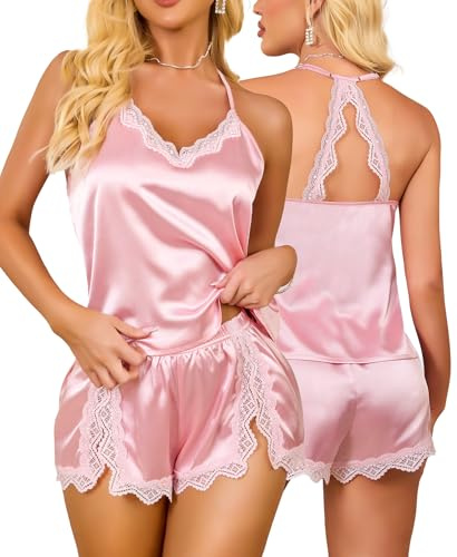 RSLOVE Satin pyjamas dam sexig – sidenpyjamas-set kort 2-delat nattlinne