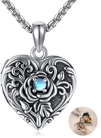 DAYLINLOVE Collar con medallón que sostiene fotos de plata de ley 925 con colgante en forma de corazón con piedra lunar y rosas, regalo para mujeres y niñas amantes de las rosas, Plata esterlina, No